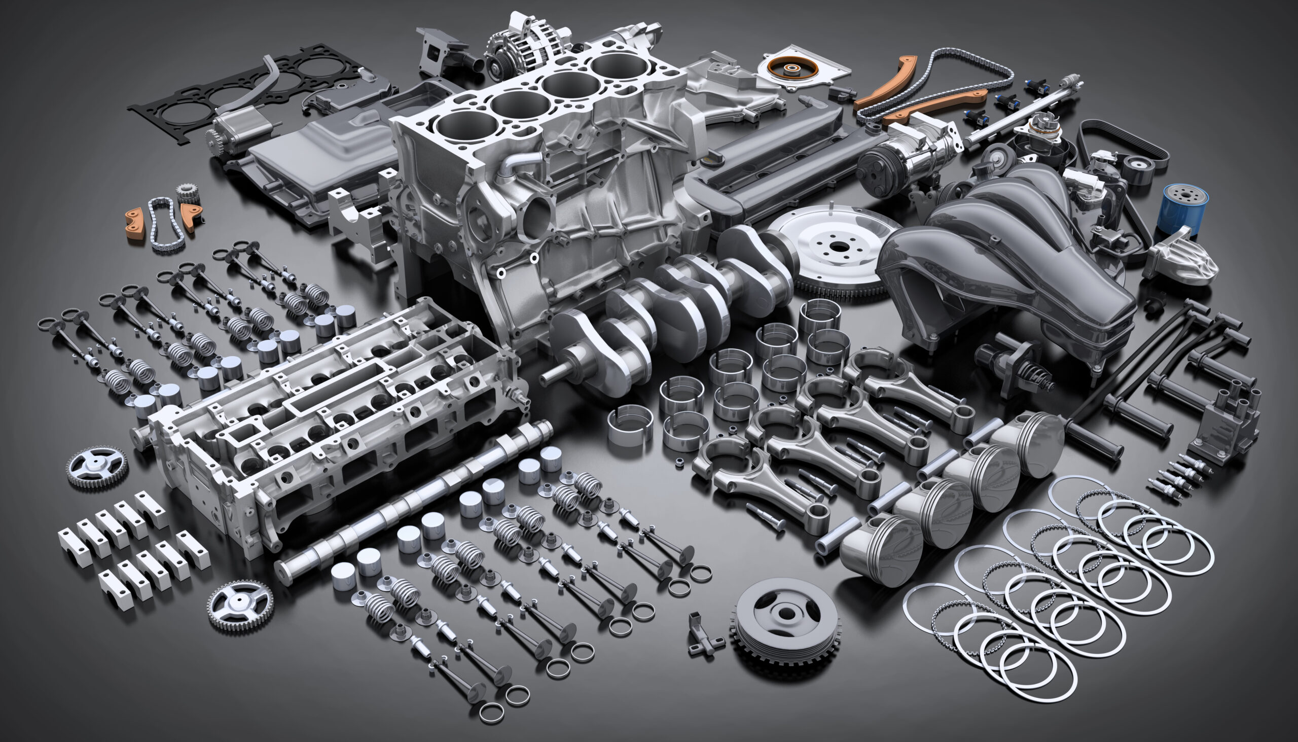 Car engine disassembled. Many motor parts. 3d illustration